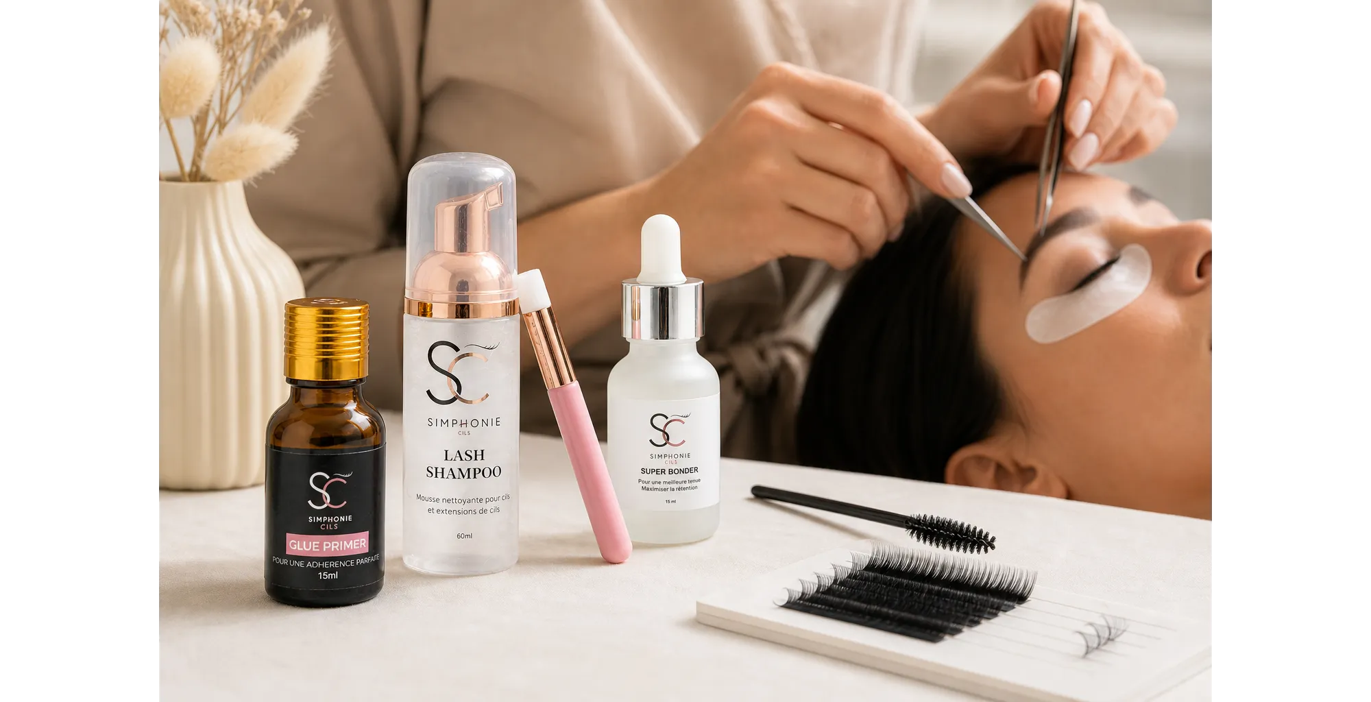 Produits Glue Primer, Shampoing cils et Super bonder posés sur une table de soin pendant une pose d’extensions de cils.