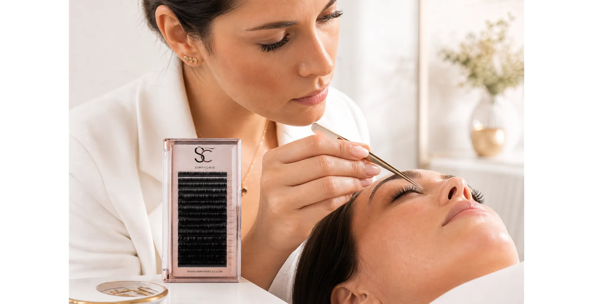 Professionnelle analysant les cils naturels d’une cliente avec une pince fine, avec la boîte Cil à Cil en soie, taille mixte à proximité.