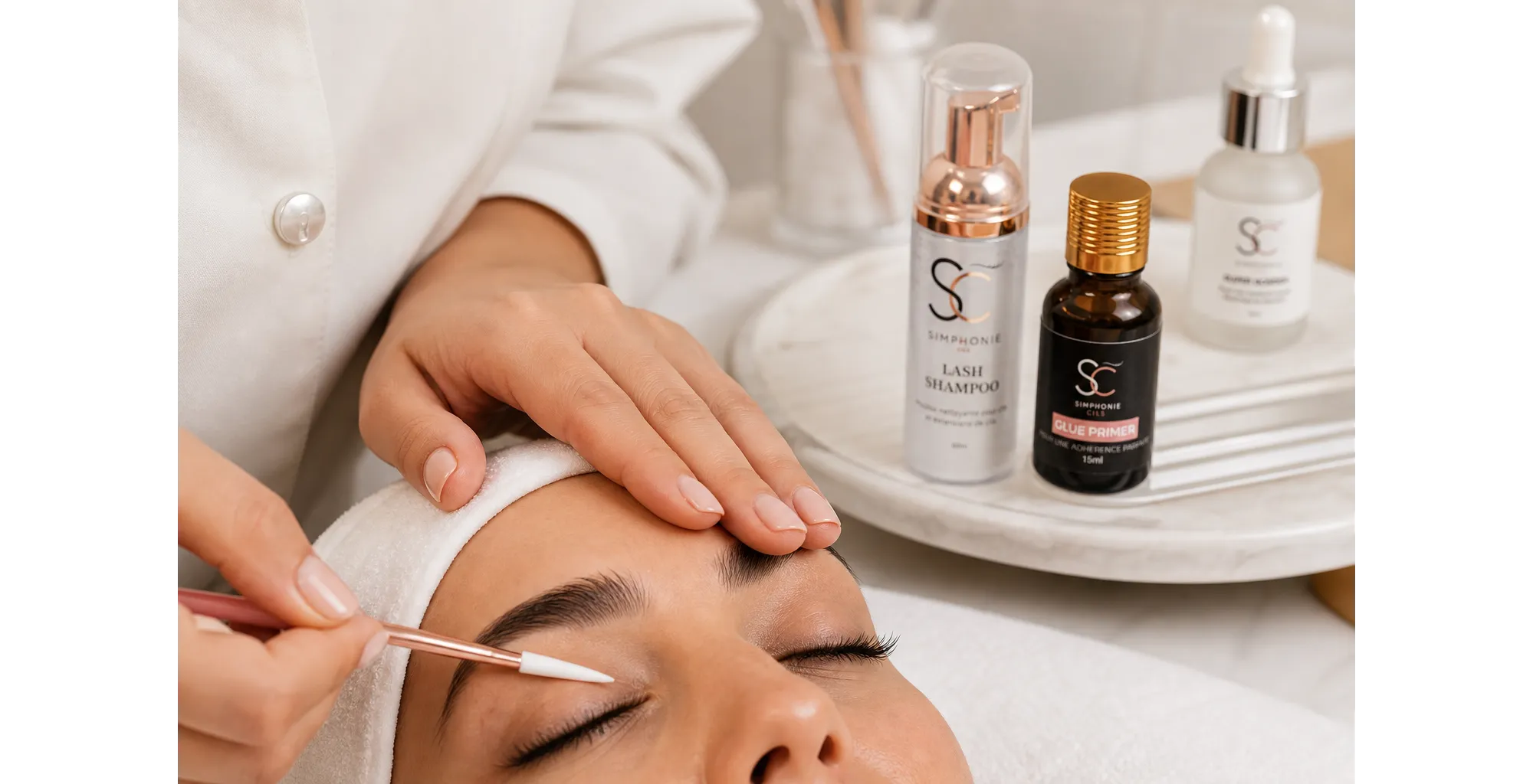 Préparation des cils naturels d’une cliente avec le Shampoing cils et le Glue Primer Simphonie Cils dans un espace de travail professionnel.
