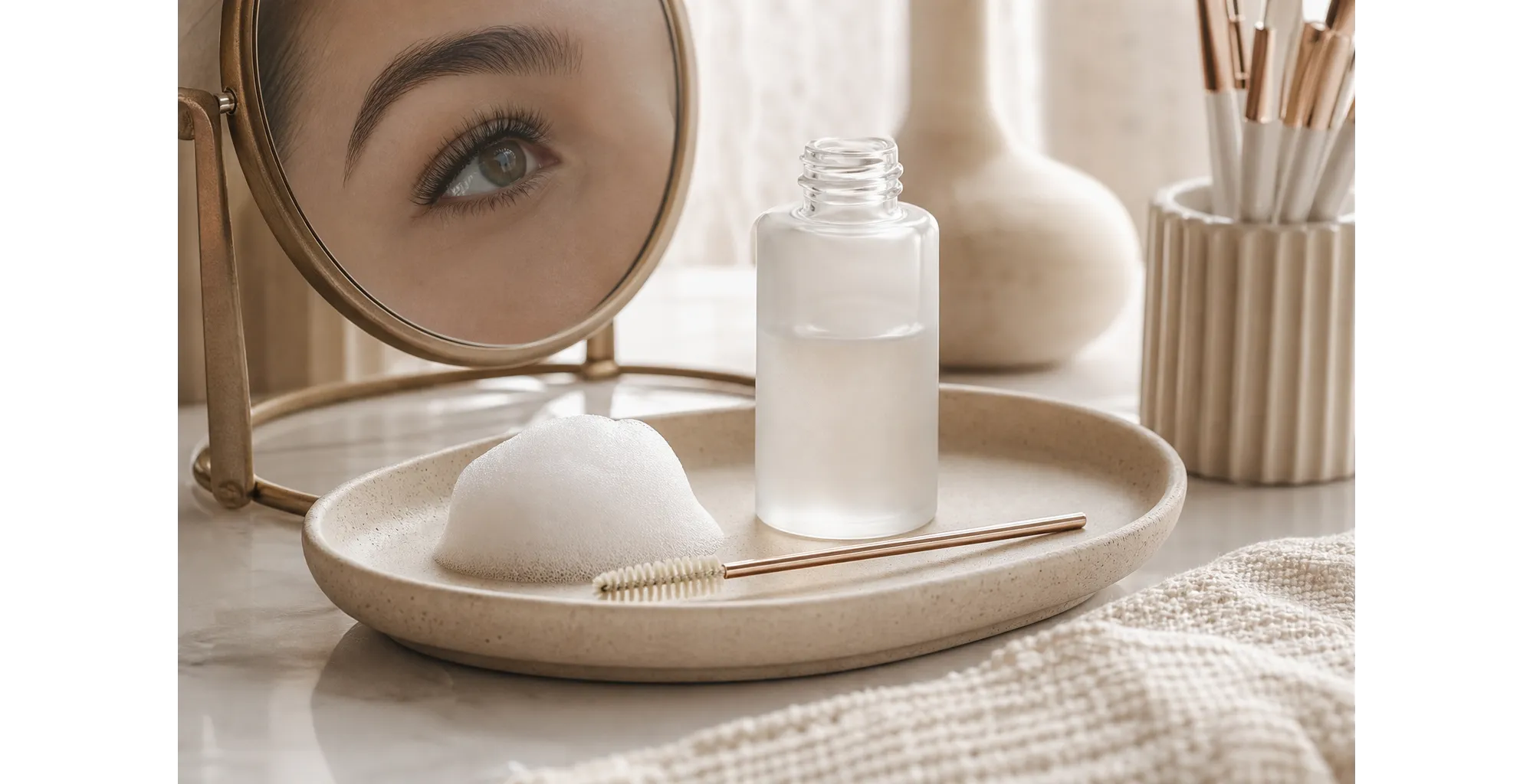 Goupillon et produit de nettoyage neutre illustrant l’entretien délicat des extensions de cils.