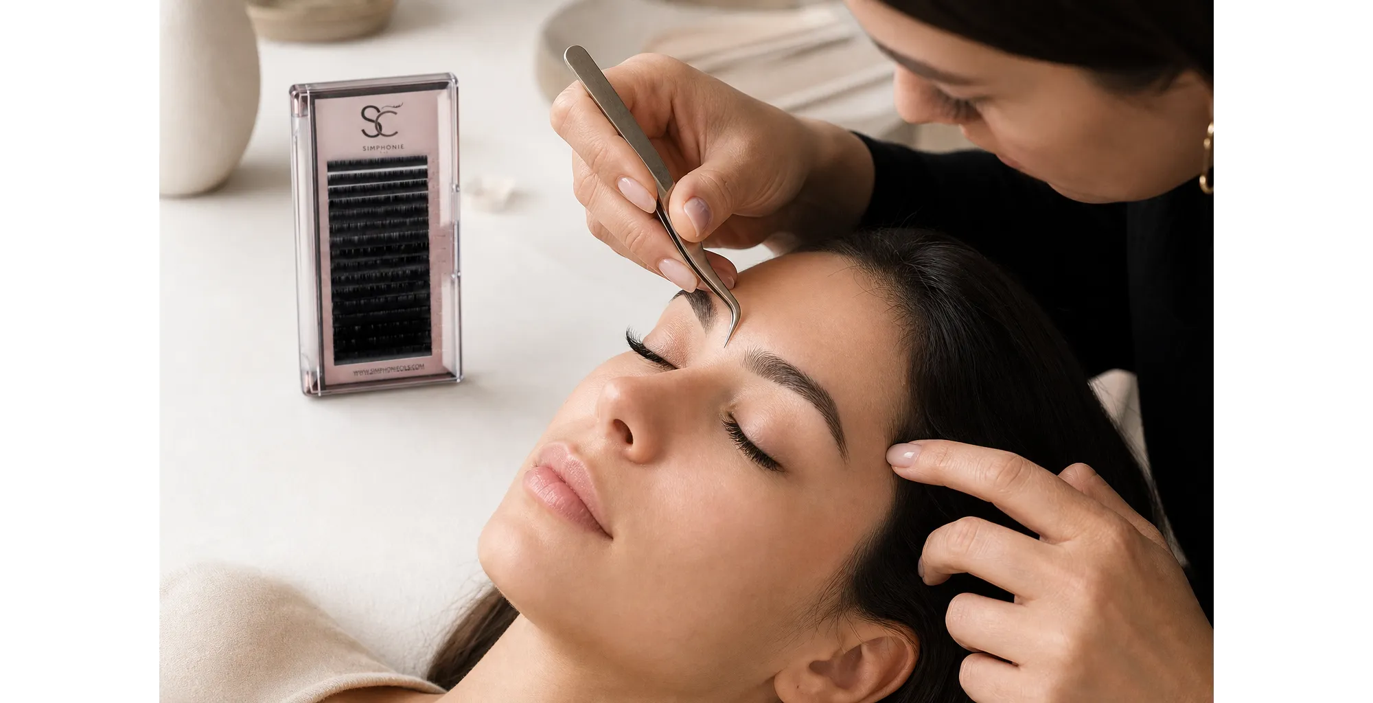 Professionnelle examinant les cils naturels d’une cliente avant une pose, avec la boîte Volume Russe en soie, taille mixte, en arrière-plan.